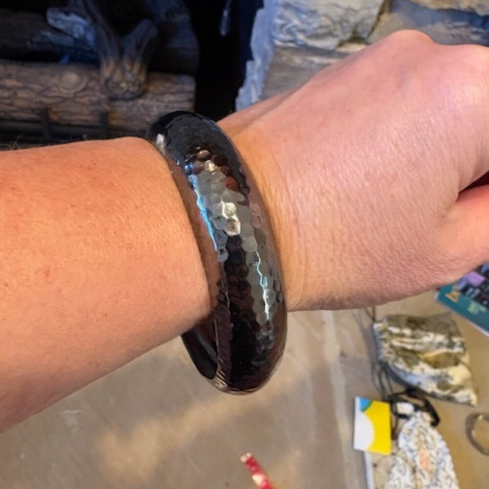 Gunmetal Black Hammered Metal Bangle Slip On Statement Bracelet